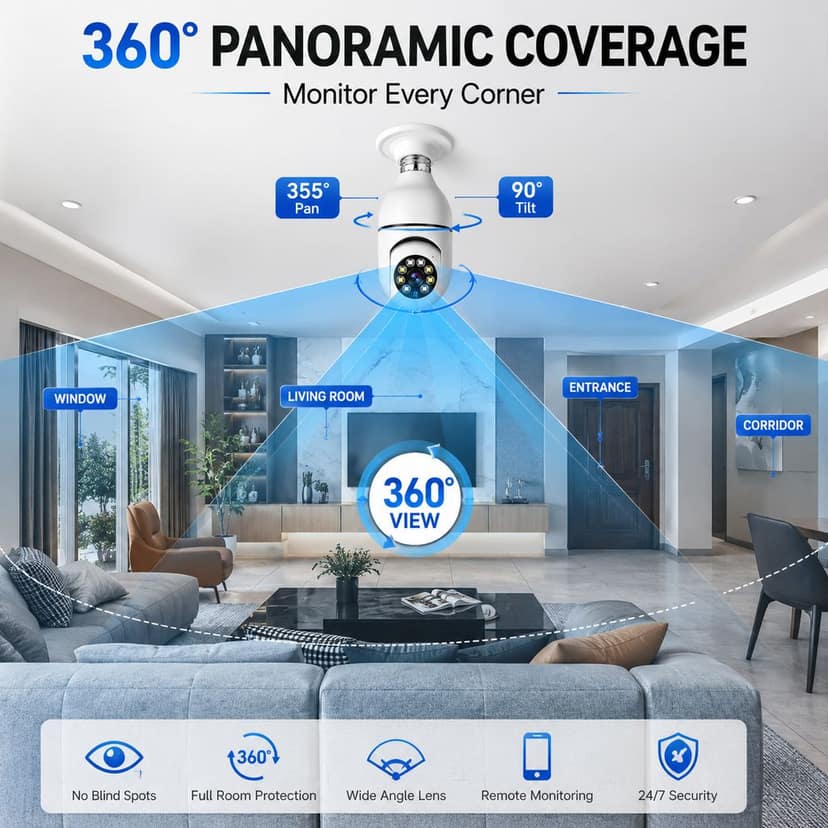 WiFi Panorama Bulb Security Camera | 360° Pan Tilt Wireless IP Camera | V380 Pro App Compatible | Two-Way Audio | Motion Detection Alert | Night Vision | Remote Viewing | Micro SD Card Support | Home & Office Surveillance view 7