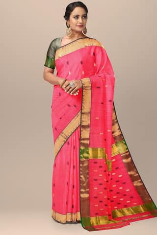 Orange Red Rudraksh Buti Handwoven Maheshwari Silk with Zari Border Saree SKU-BS10061