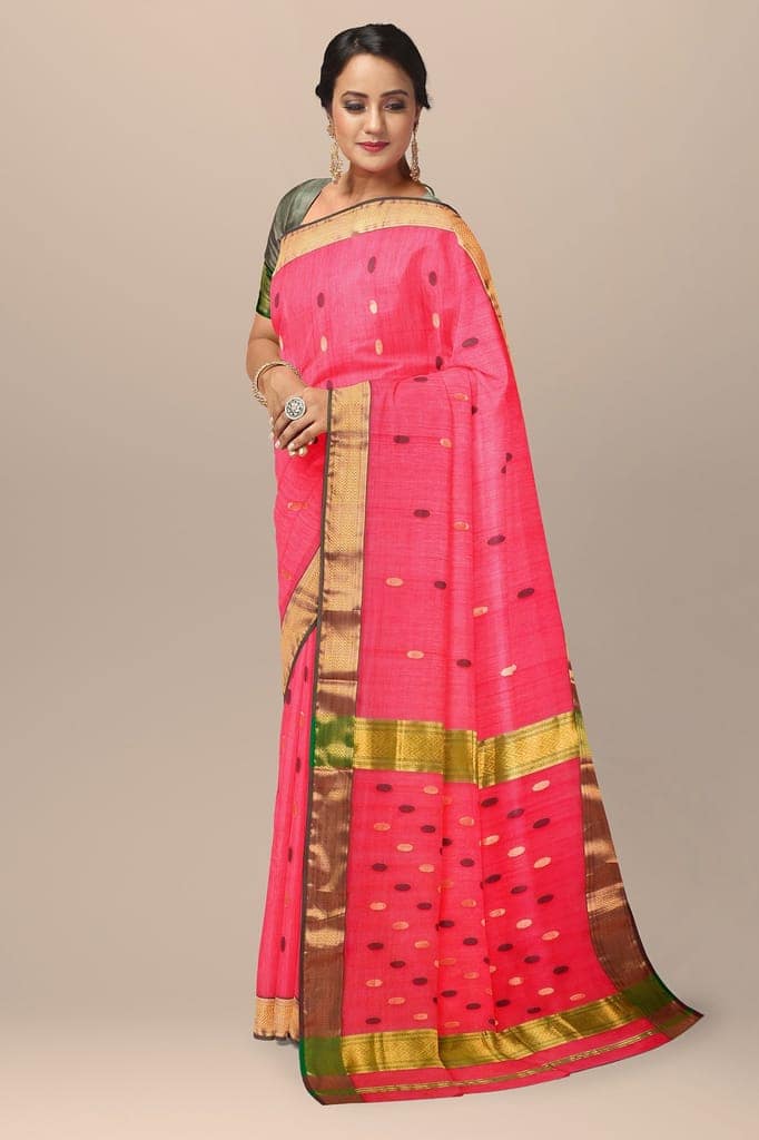 Orange Red Rudraksh Buti Handwoven Maheshwari Silk with Zari Border Saree SKU-BS10061 view 2
