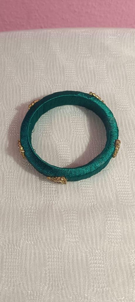 Green Silk Bangle with Golden Beads view 2