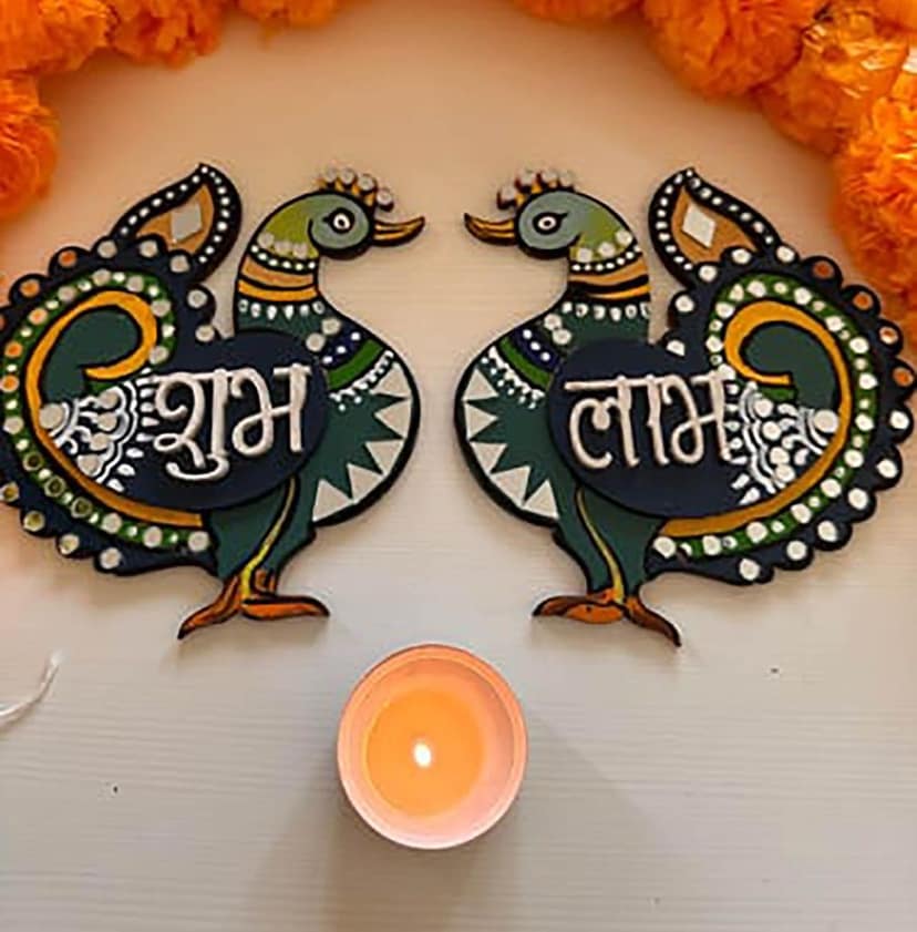 Haoser Peacock 3Style Shubh Labh for Home Decoration, Unfinished Wooden Shub Labh Cutouts for Diwali, Wedding, Parties, and Special Occasions, Wooden Shub Labh for Painting DIY Crafts view 2