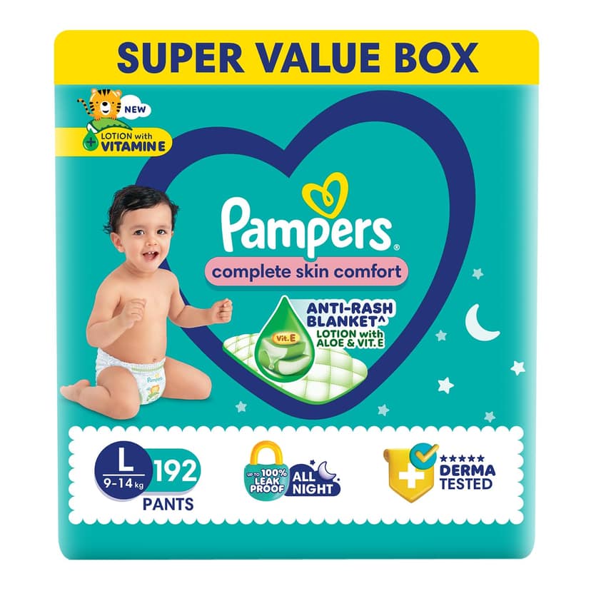 Pampers Complete Skin Comfort Pants, Large (L), 192 Count Anti-rash blanket, Lotion with Vitamin E & Aloe Vera, 9-14kg Pampers Complete Skin Comfort Pants, Large (L), 192 Count Anti-rash blanket, Lotion with Vitamin E & Aloe Vera, 9-14kg - White / Large
