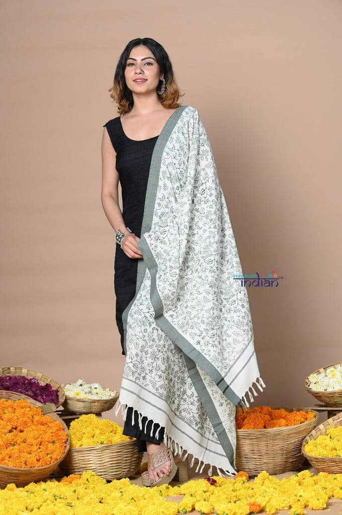 Rajsi~Handloom Pure Cotton Duppata With Beautiful Print and Designer Tassels ~ Grey view 2
