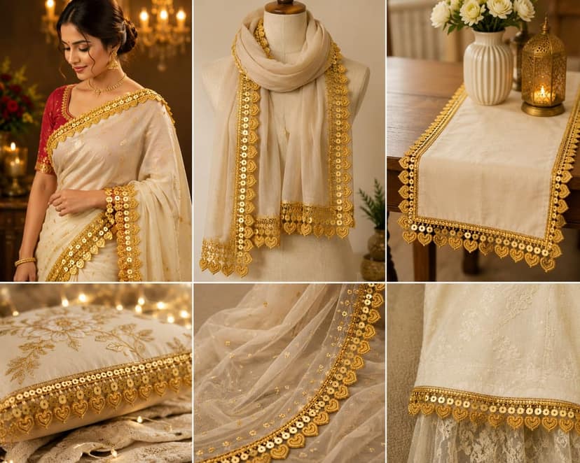 Chahat Lace Shiny Gold Sequnce Zari Border Gota Patti Lace for Sewing, Embroidery, Edging, Saree Border, Blouse, Dupatta Border, Lehenga, Kurti etc. (9 Meters, 31mm Wide) view 2