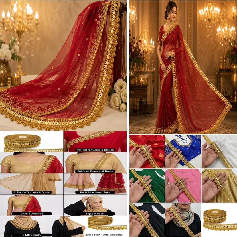 Chahat Lace Shiny Gold Sequnce Zari Border Gota Patti Lace for Sewing, Embroidery, Edging, Saree Border, Blouse, Dupatta Border, Lehenga, Kurti etc. (9 Meters, 31mm Wide) view 3
