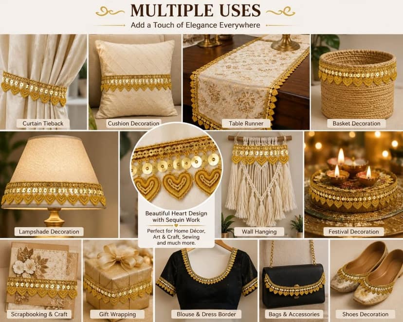 Chahat Lace Shiny Gold Sequnce Zari Border Gota Patti Lace for Sewing, Embroidery, Edging, Saree Border, Blouse, Dupatta Border, Lehenga, Kurti etc. (9 Meters, 31mm Wide) view 5