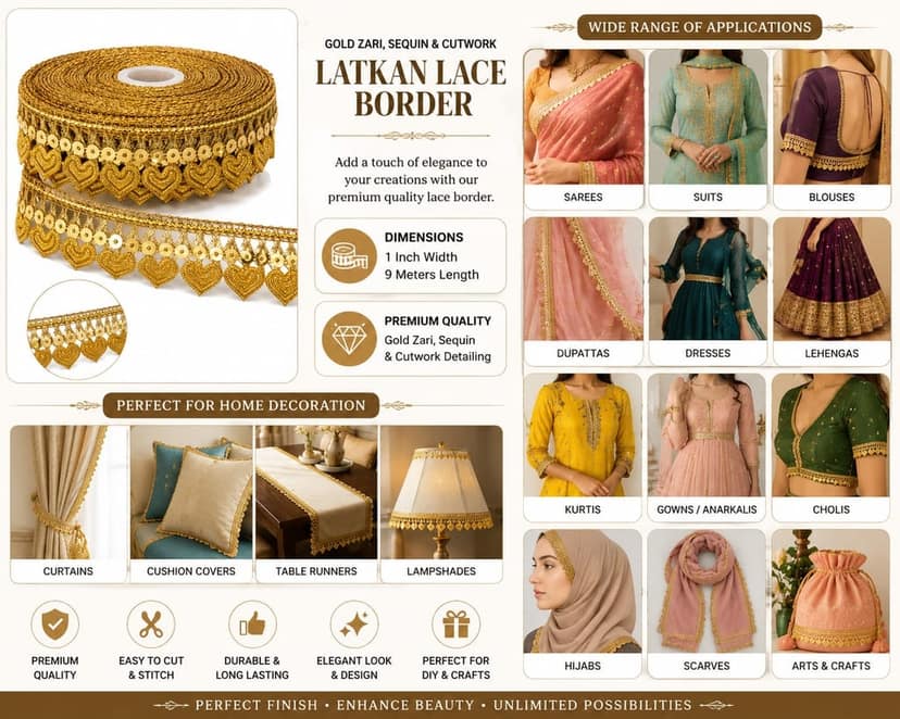 Chahat Lace Shiny Gold Sequnce Zari Border Gota Patti Lace for Sewing, Embroidery, Edging, Saree Border, Blouse, Dupatta Border, Lehenga, Kurti etc. (9 Meters, 31mm Wide) view 6