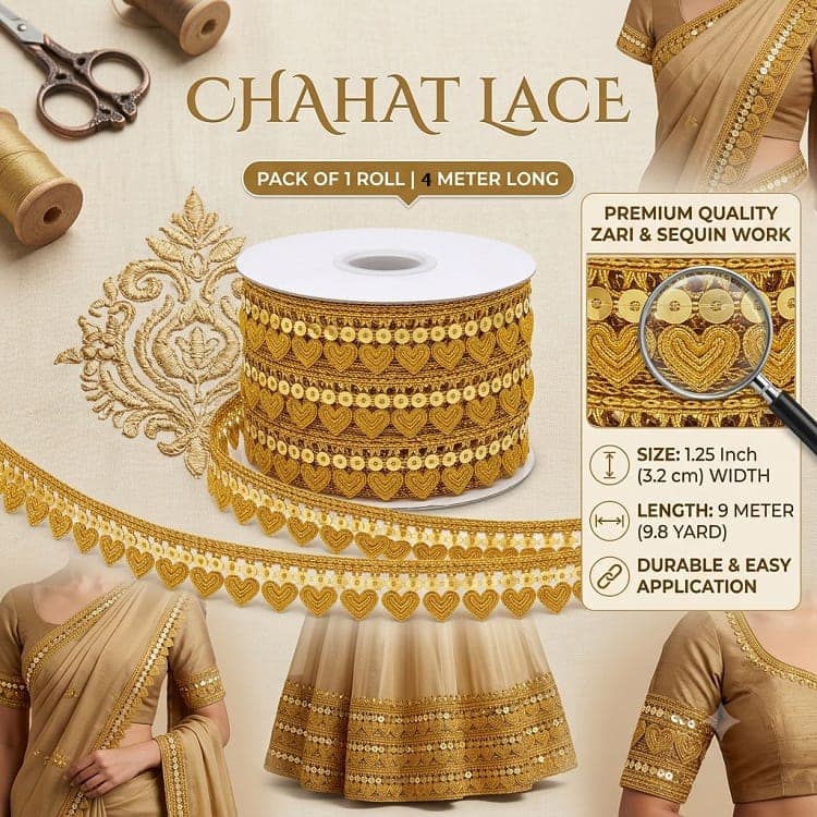 Chahat Lace Shiny Gold Sequnce Zari Border Gota Patti Lace for Sewing, Embroidery, Edging, Saree Border, Blouse, Dupatta Border, Lehenga, Kurti etc. (9 Meters, 31mm Wide) view 8