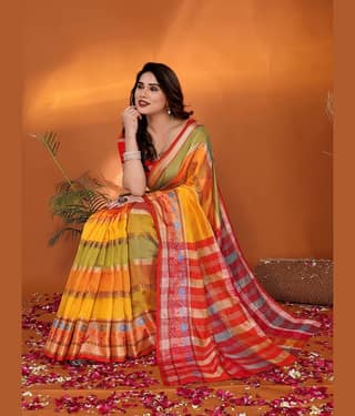 NightBlue Organza Striped Saree With Unstitched Blouse Piece ( Yellow )