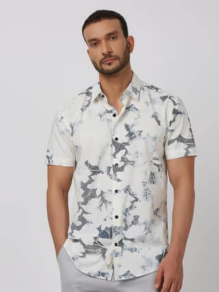 White Floral Print Slim Fit Casual Shirt