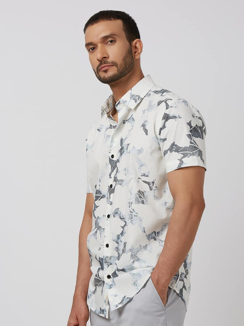 White Floral Print Slim Fit Casual Shirt view 2