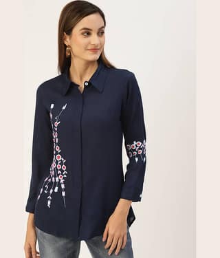 Kbz Women Printed Rayon Shirt ( Blue )