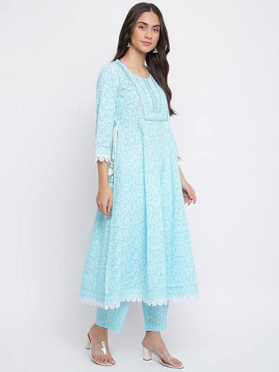 INDIAN KNOTS-Women sky blue and white Printed Pure Cotton Kurta with Palazzos & Dupatta_1101-DG1100101 view 3