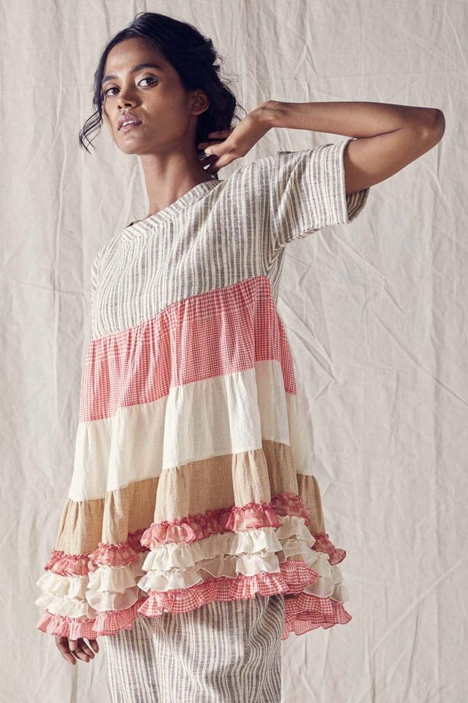 Ruffled Hemline Tunic In Striped Organic Cotton And Off White And Red Checks Cotton Khadi Mulmul view 3