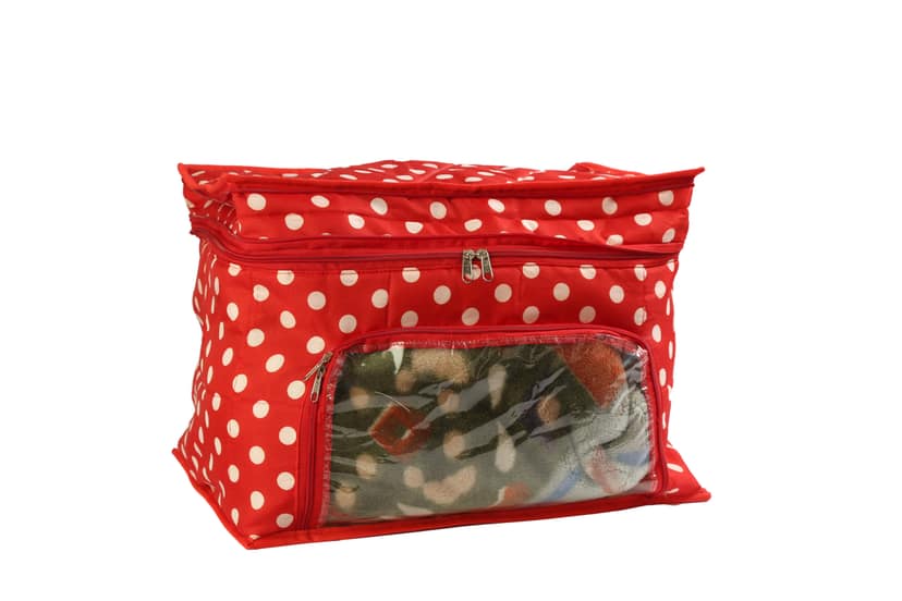 Compact Red Polka Dot Storage Organizer with Transparent Window & Dual Zippers