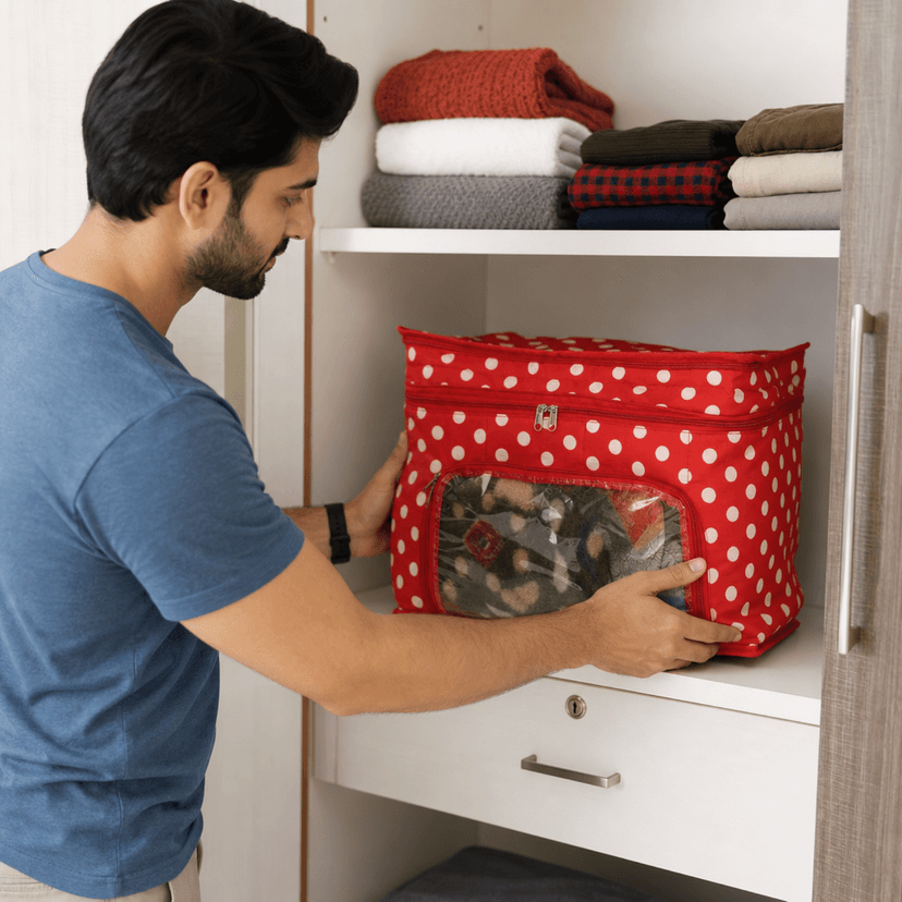 Compact Red Polka Dot Storage Organizer with Transparent Window & Dual Zippers view 2