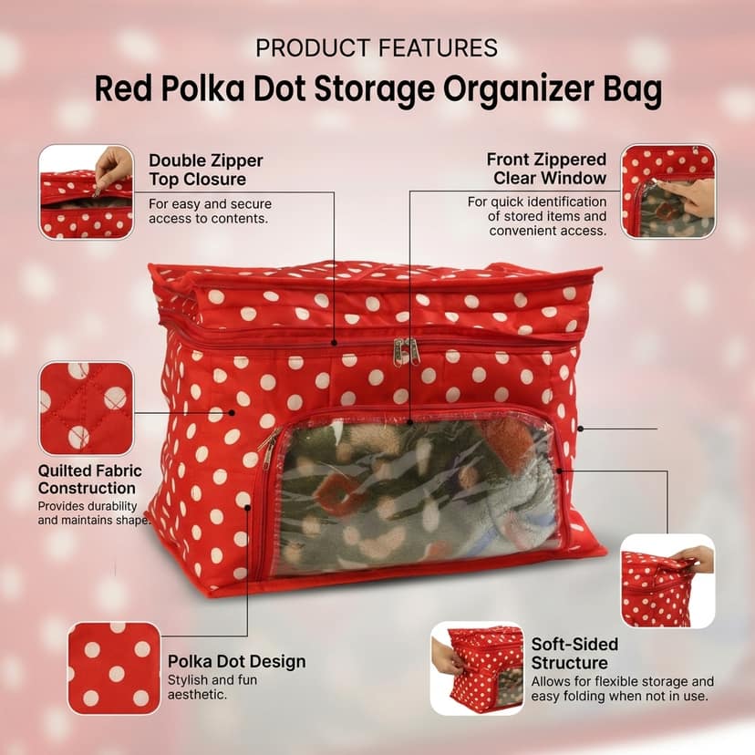 Compact Red Polka Dot Storage Organizer with Transparent Window & Dual Zippers view 4