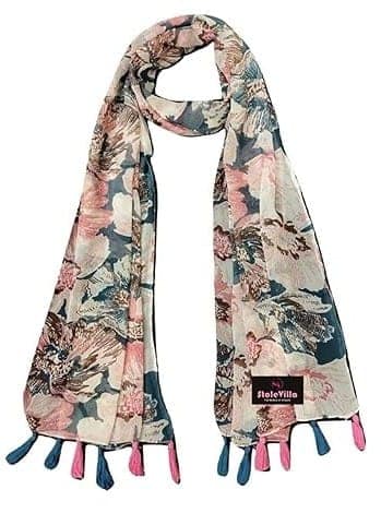 Women's Lightweight Floral Print Scarf with Tassels view 3
