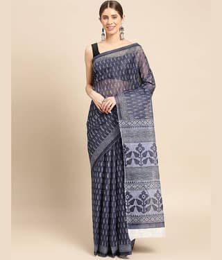 SHANVIKA Cotton Printed Saree Without Blouse Piece ( Blue )