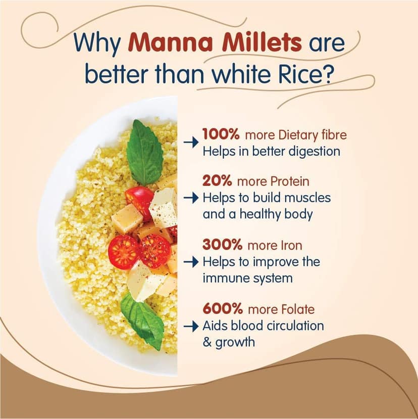 Manna Foxtail Millet (unpolished) 1Kg Natural Grains - (Kaon/Kang/Kangni/Kakum/Navani/korralu/Korra/Thinai) | Native Low GI Millet Rice | High Protein & 100% More Fibre than Rice view 4
