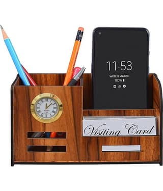 RAVARIYA GRAPHICS Pen Stand With Clock, Business Visiting Card & Mobile Holder | Multipurpose Wooden Desk Organizer Pen And Pencil Holder Stand For Office Desk And Study Table (4 In 1)