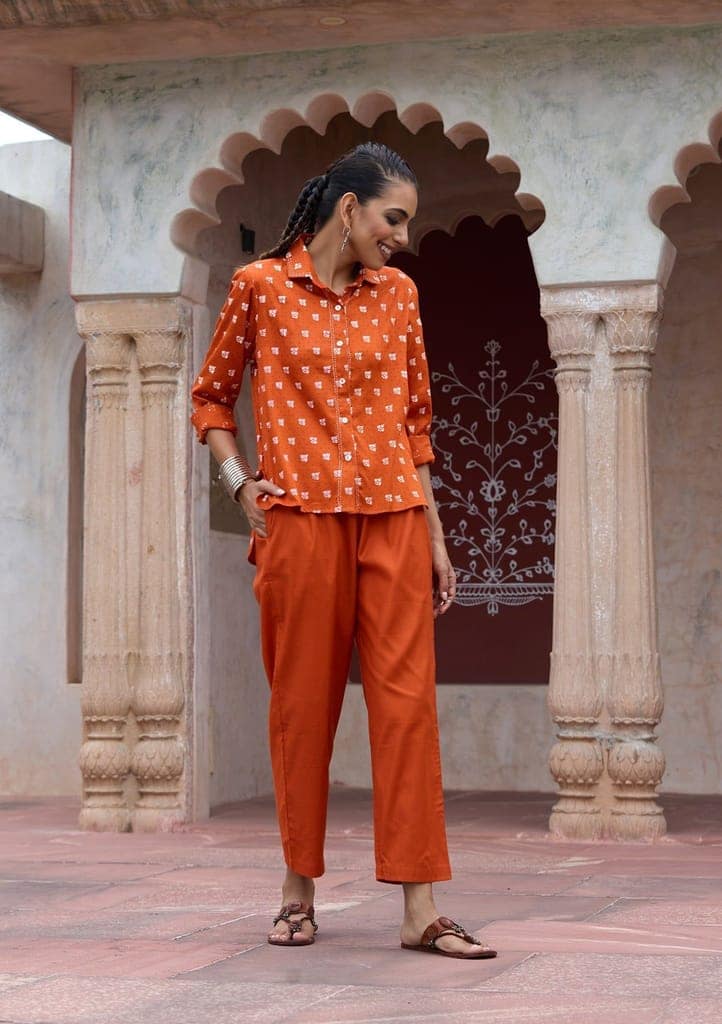 HOC Crafts Glazed Cotton Hand Block Printed with Hand Embroidery Women's 2 PC Co-ord Set - Orange view 5