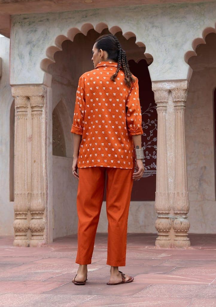 HOC Crafts Glazed Cotton Hand Block Printed with Hand Embroidery Women's 2 PC Co-ord Set - Orange view 8