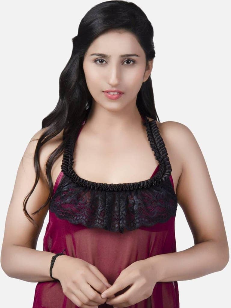 Sheer Net Hot Wine Babydoll Bikini Night Dress for Honeymoon K7KW view 6