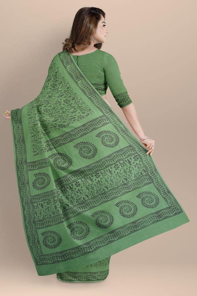 Fern Green Warli Motif Hand Block Print Malmal Cotton Saree SKU-AS10060 view 2