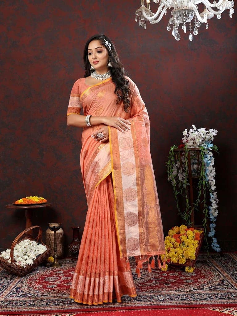 Peach Cotton with Woven Design Zari Weaving Saree