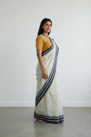 Handwoven Ilkal Saree in White Checks with Striped Borders