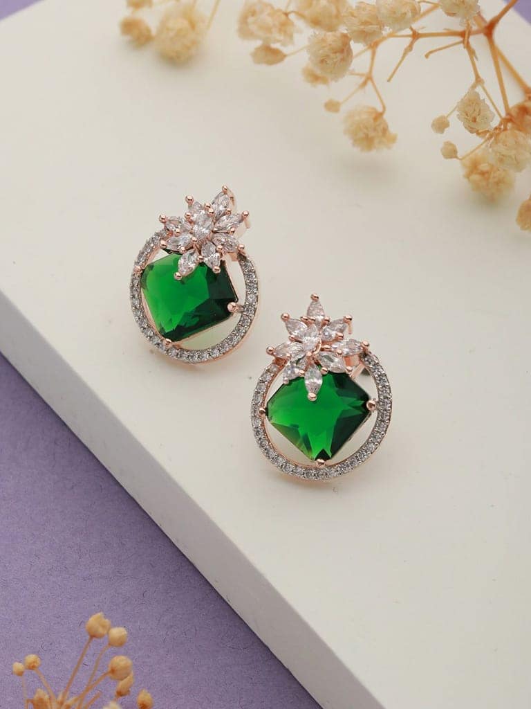 Rose Gold Plated Green AD Stuuded Minimal Studds Earring view 3