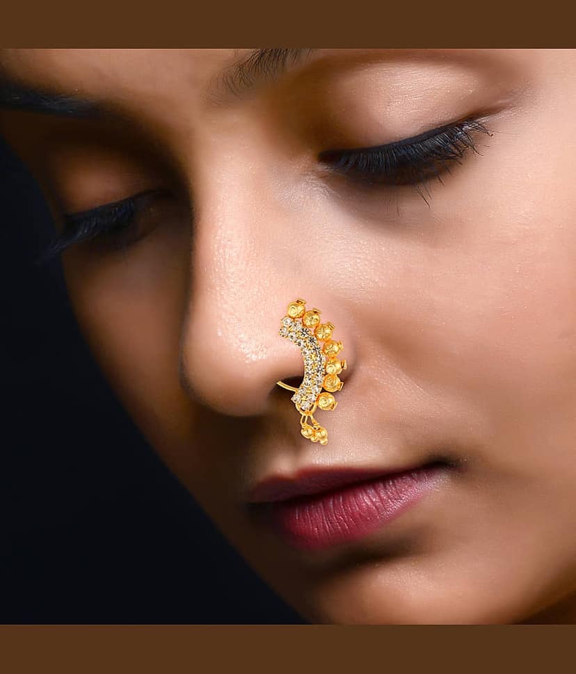 Vighnaharta Gold Plated with Peals Alloy and CZ stone Non Piercing Maharashtrian Nath Nathiya./ Nose Pin for women {VFJ1102NTH-Press } view 2