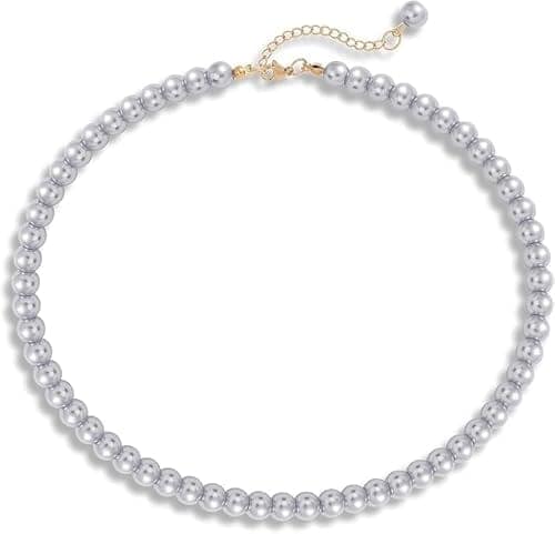 A V FASHION - Pearl Necklace For Girl and Women Gray Pearl Necklaces for Women, 8MM Beaded Choker Necklace 1 Layer Beaded Mala Fashion Jewellery