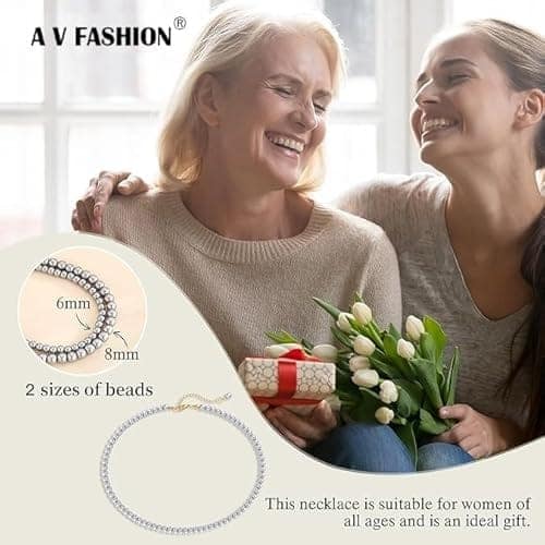 A V FASHION - Pearl Necklace For Girl and Women Gray Pearl Necklaces for Women, 8MM Beaded Choker Necklace 1 Layer Beaded Mala Fashion Jewellery view 4