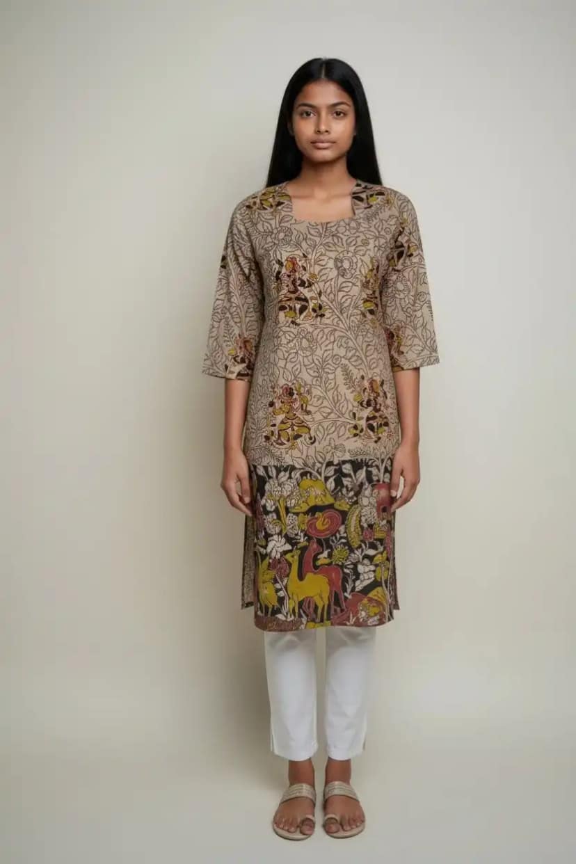 Kalamkari Print Cotton Kurti Mustard Yellow Black