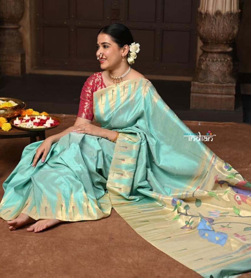 Parampara ~ Exquisite Handloom Pure Silk Paithani in Regal Sea Green with Timeless Temple Muniya Border