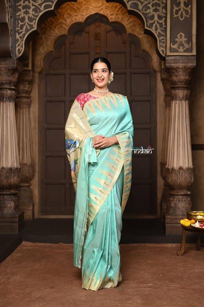 Parampara ~ Exquisite Handloom Pure Silk Paithani in Regal Sea Green with Timeless Temple Muniya Border view 2