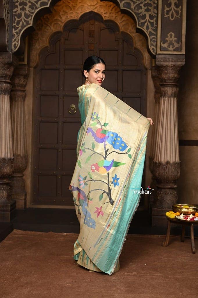 Parampara ~ Exquisite Handloom Pure Silk Paithani in Regal Sea Green with Timeless Temple Muniya Border view 4