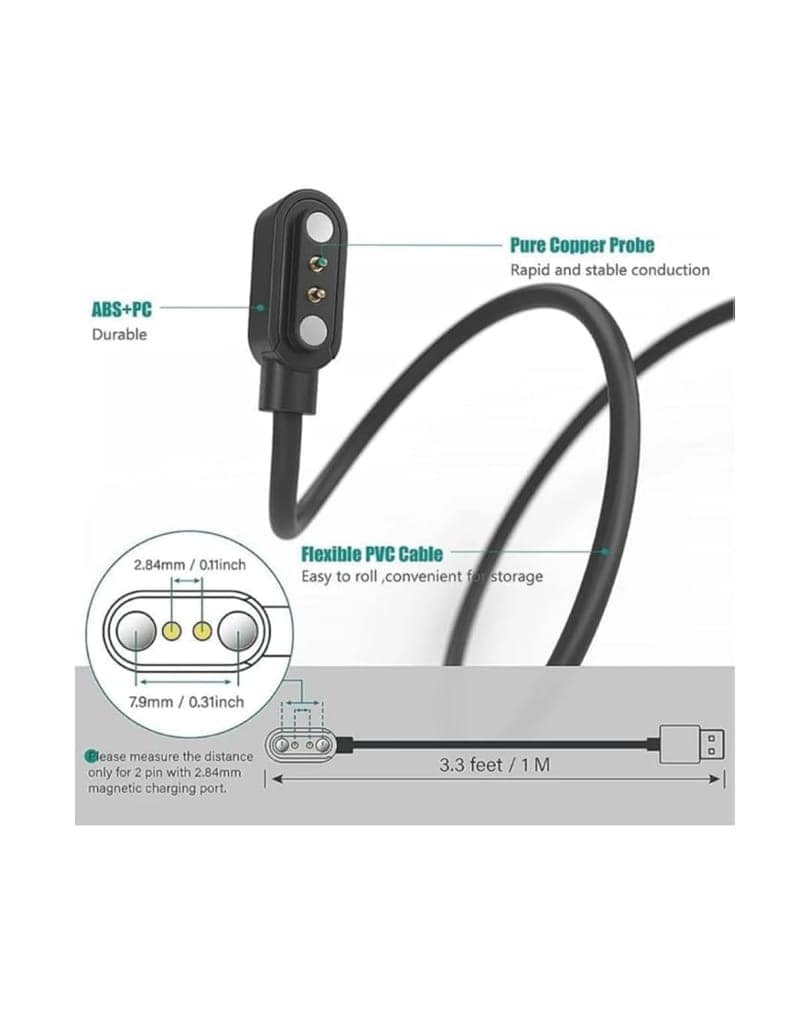 Noise ColorFit Smartwatch Charger Cable, Magnetic 2-Pin USB Fast Charger for Noise Twist, Pulse 2 Max, Pulse Go Buzz, Halo, Halo Plus, Pulse Grand, Quad Call, ColorFit Pro 4/Alpha, Pulse 3, Ultra view 7
