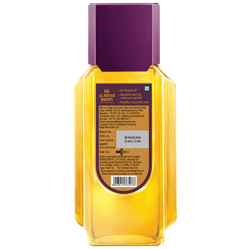 Bajaj Almond Drops Non-Sticky Hair Oil - For Healthy & Beautiful Hair, With 6X Vitamin E Nourishment, 190 Ml view 2