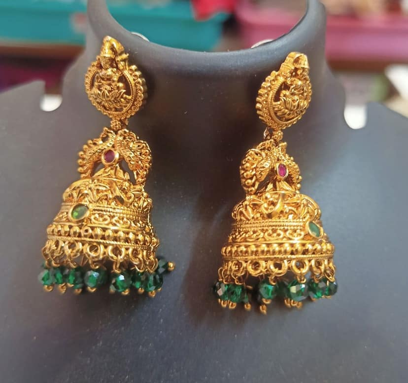 14k Gold Plated Traditional Indian Jhumka Earrings with Green Beads for Women