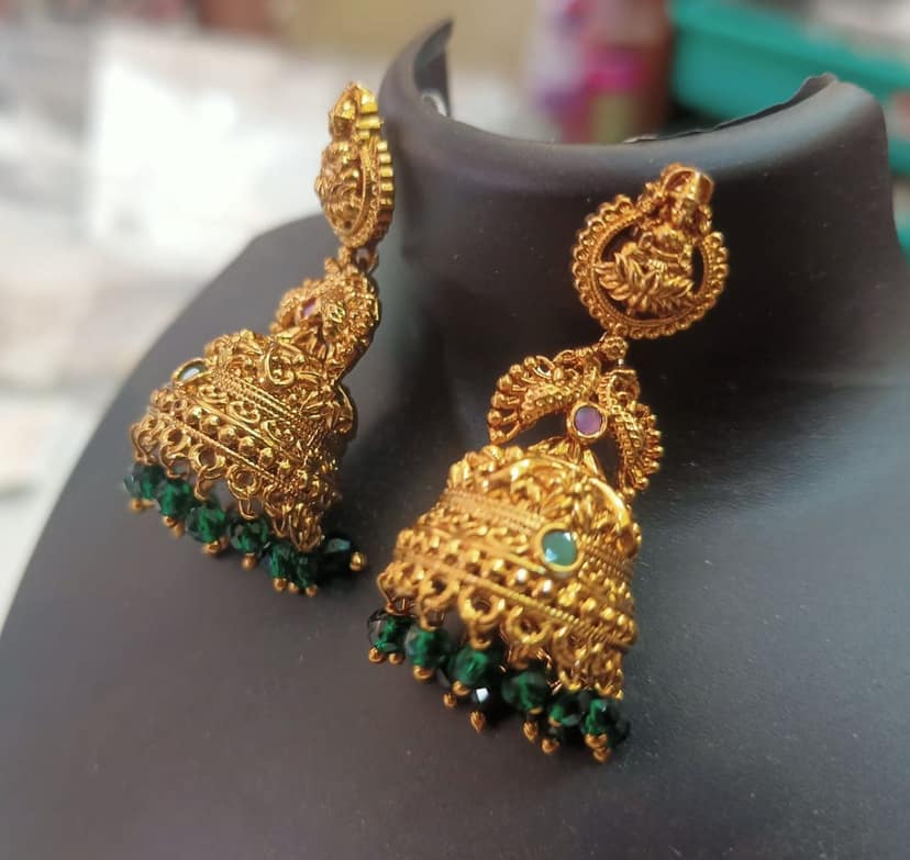 14k Gold Plated Traditional Indian Jhumka Earrings with Green Beads for Women view 3