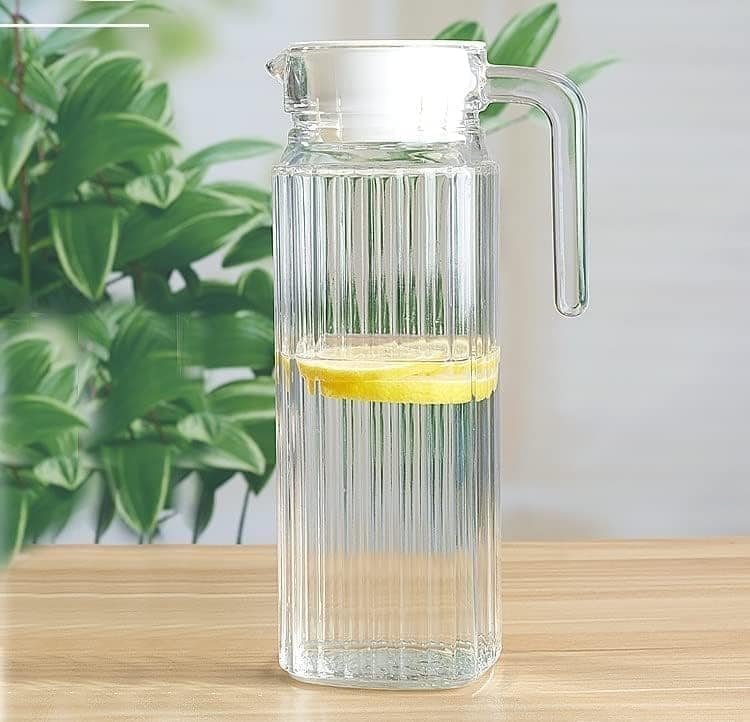 Italian Premium Glass Water Jug with Plastic Lid & Handle | 1.3 Littre |Transparent Carafe for Home, Office | Pitcher for Serve Water, Milk, Juice, Beverage, Chaas, Cocktail |