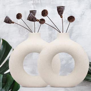 White Vase/ Office Desk Flower Vase Pampas Grass Vase Reinforced Ceramic Vase Round Shaped Vase Home Decor Centrepiece/ Decor Showpiece ((Donut Vase-6 in (Pack of 2))