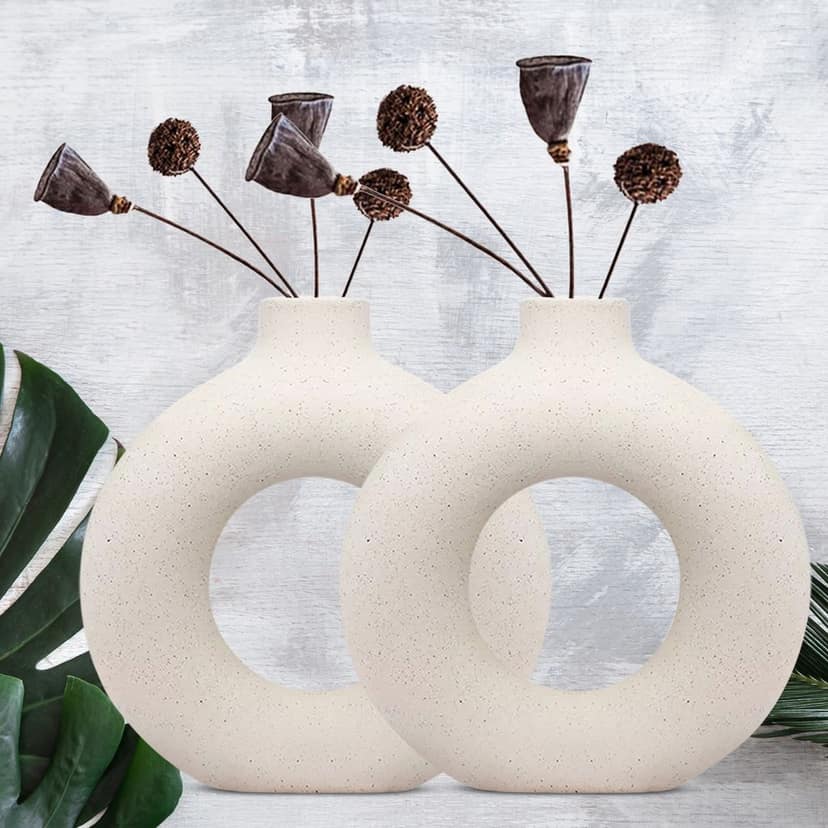 White Vase/ Office Desk Flower Vase Pampas Grass Vase Reinforced Ceramic Vase Round Shaped Vase Home Decor Centrepiece/ Decor Showpiece ((Donut Vase-6 in (Pack of 2))