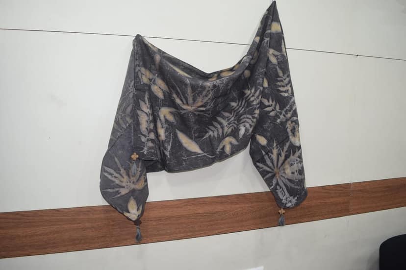 TULIP Traditional Artisians' Upliftment Livelihood Program Handcrafted Botanical Print Cotton Stole, Black and Beige, Leaf Pattern view 2