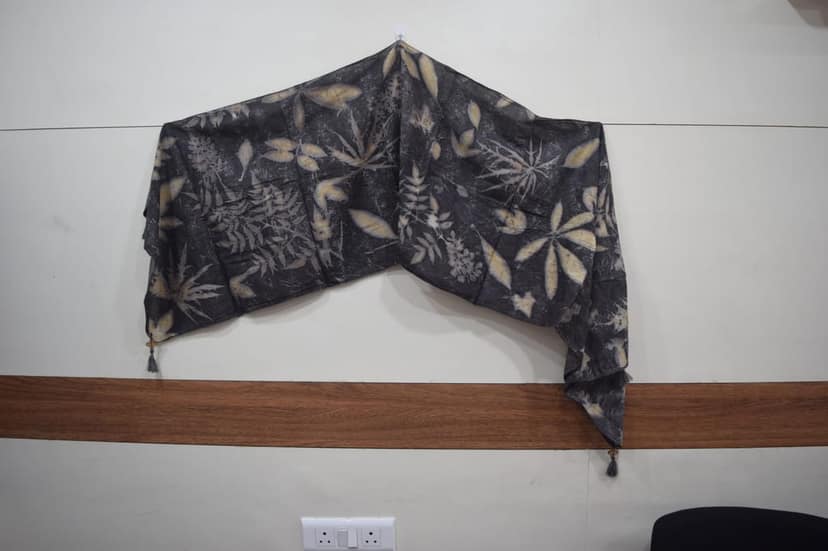 TULIP Traditional Artisians' Upliftment Livelihood Program Handcrafted Botanical Print Cotton Stole, Black and Beige, Leaf Pattern view 4