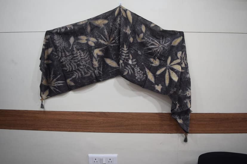 TULIP Traditional Artisians' Upliftment Livelihood Program Handcrafted Botanical Print Cotton Stole, Black and Beige, Leaf Pattern view 6