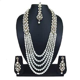 Crystal Kundan Five Line Pearl Long Mala Necklace Earrings Mang Tikka Jewelry Set